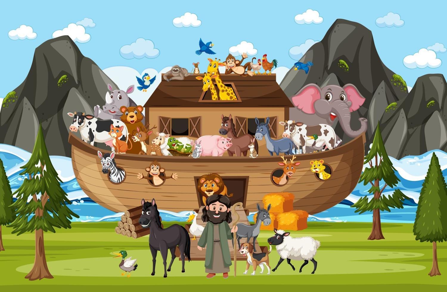 Noah's Ark with wild animals in nature scene vector