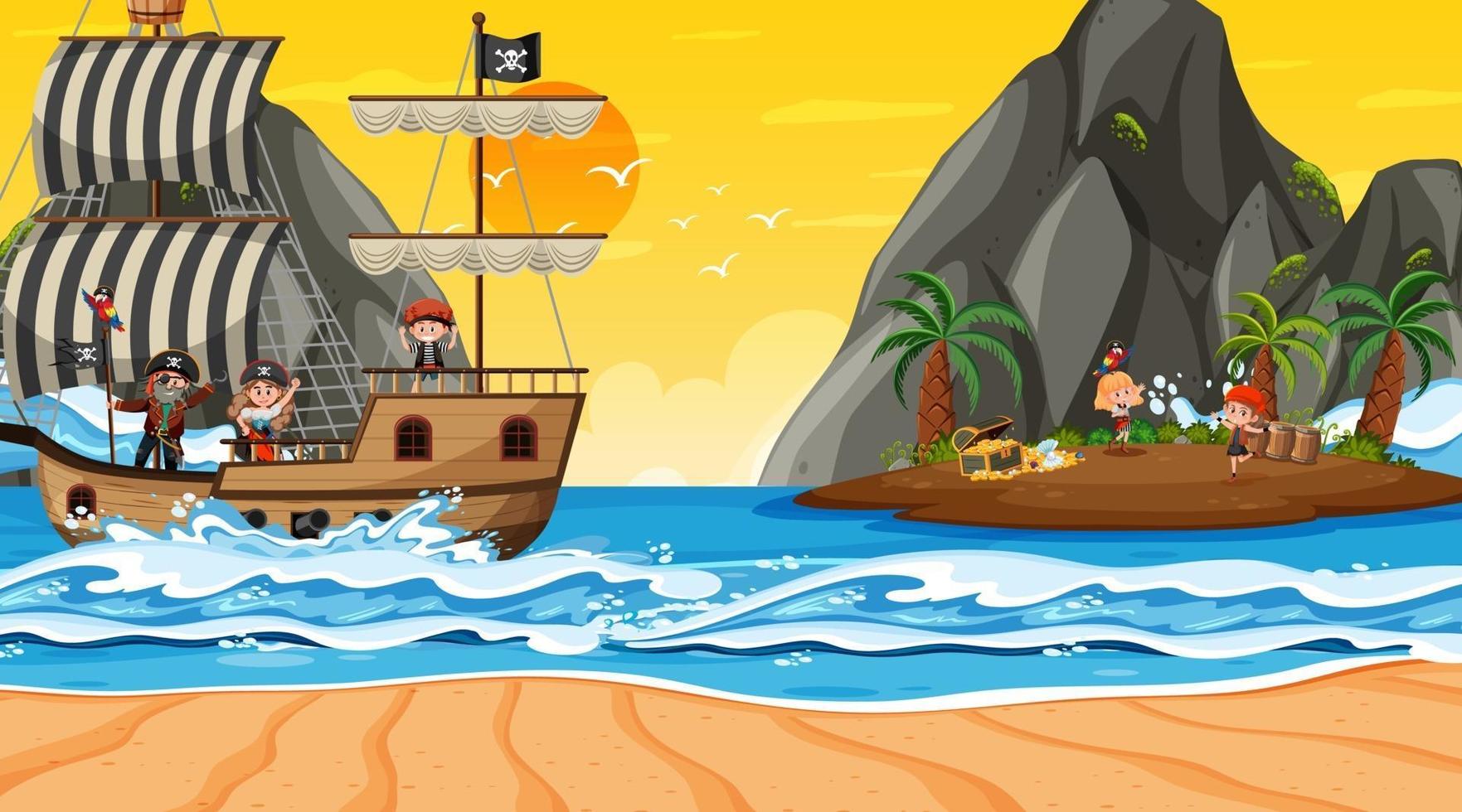 escena de la isla del tesoro al atardecer con niños piratas vector