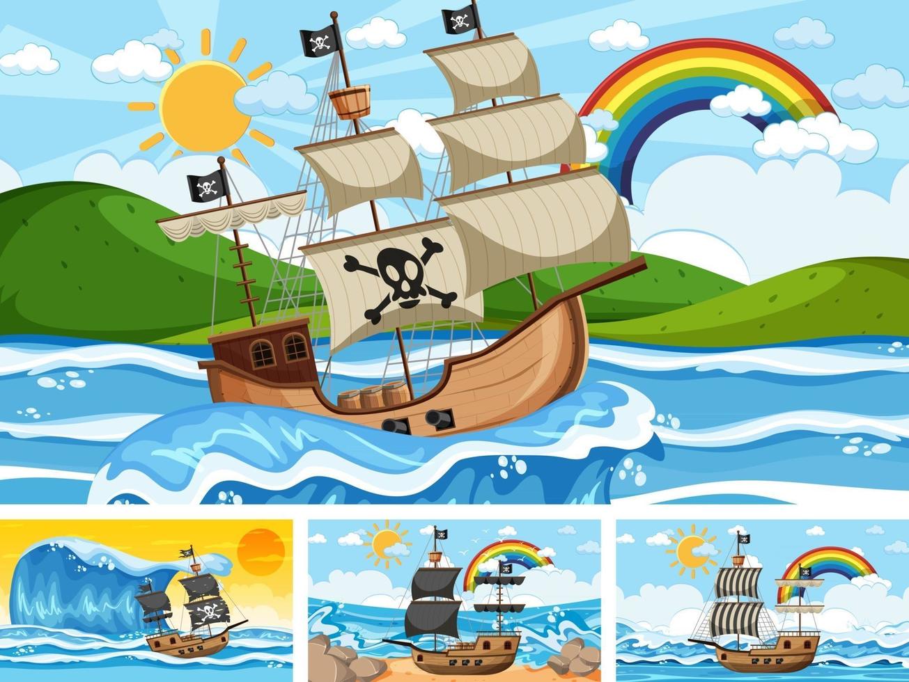 Set of Ocean with Pirate ship at different times scenes  in cartoon style vector