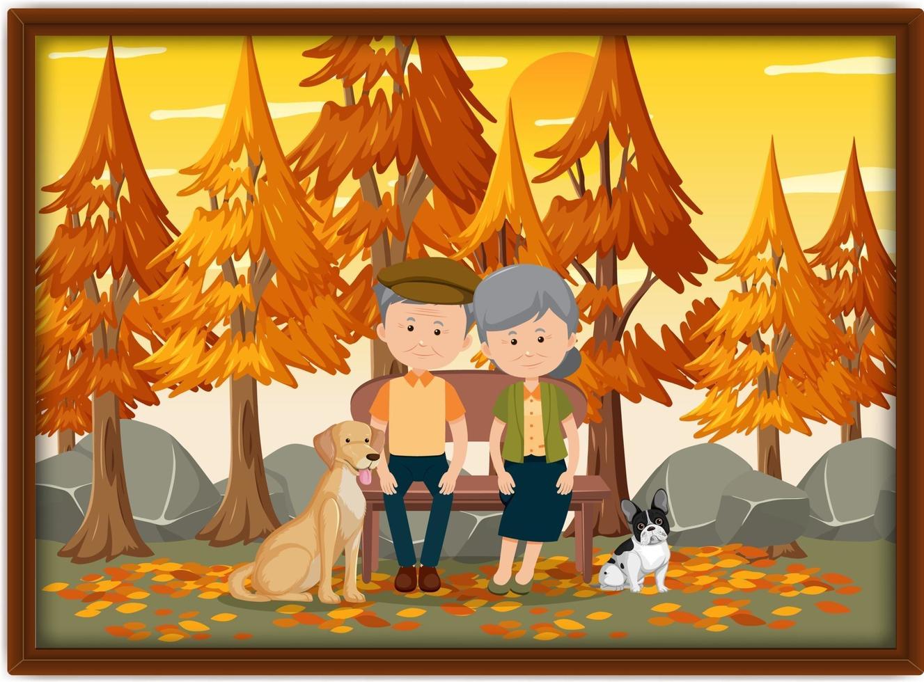 A picture of an old couple at the park in autumn season vector