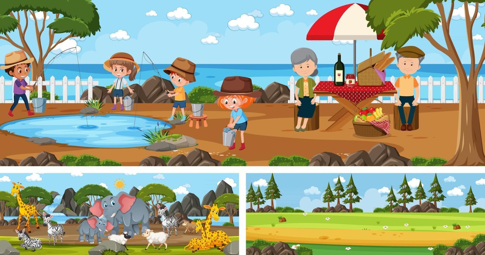 Set of different outdoor panoramic landscape scenes with cartoon character vector