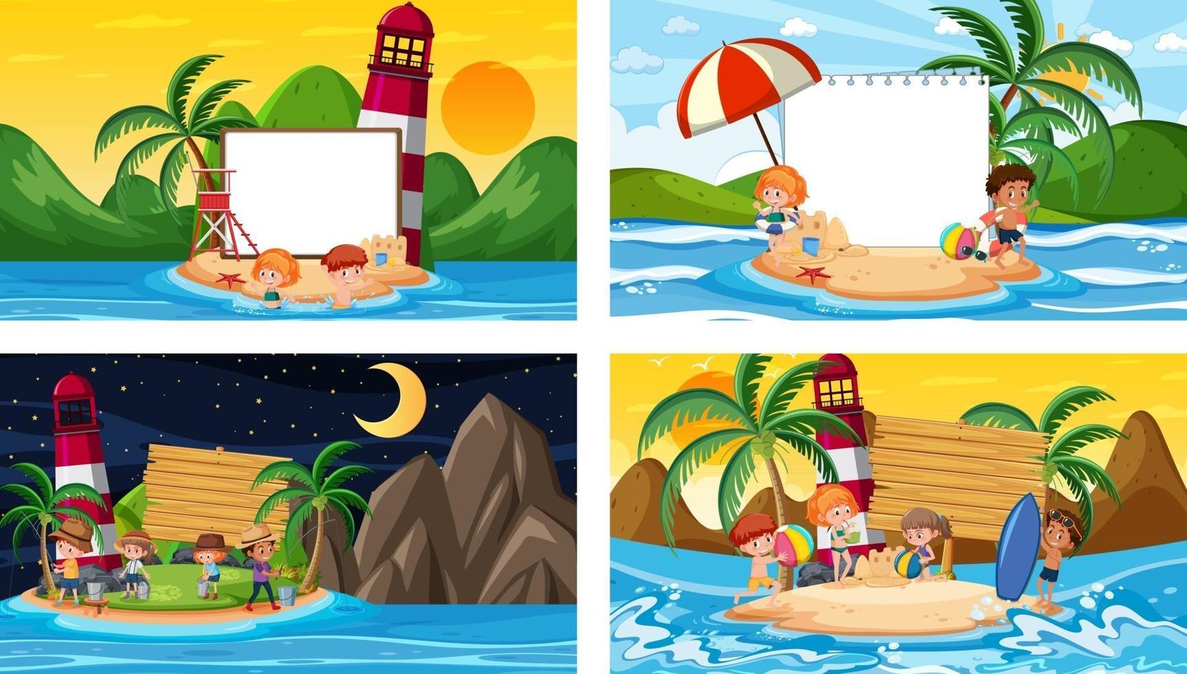 Set of different tropical beach scenes with blank banner vector