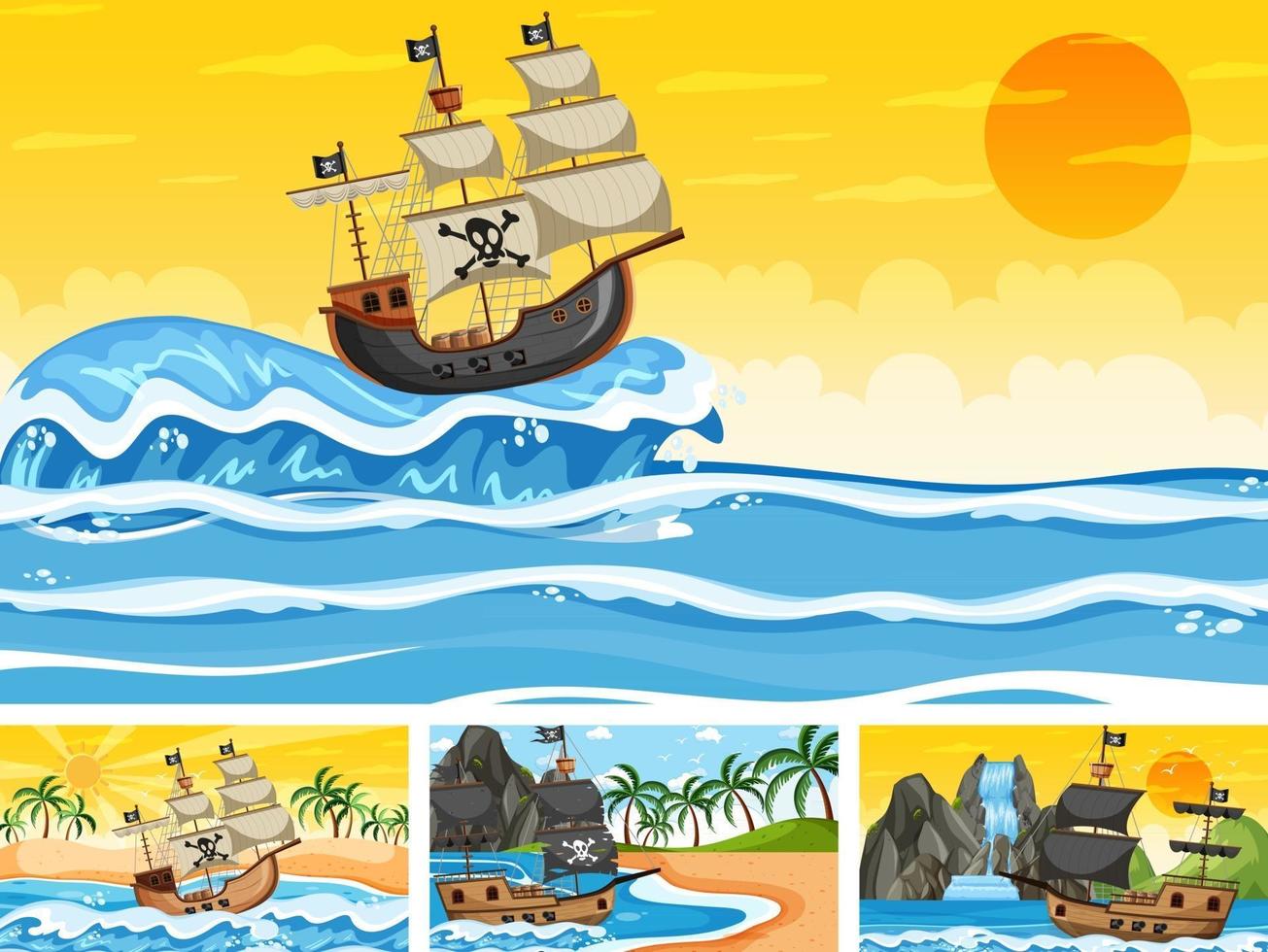 Set of Ocean with Pirate ship at different times scenes  in cartoon style vector