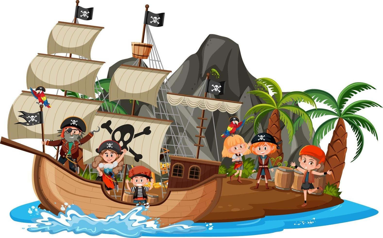 Pirate ship on island with many kids isolated on white background vector