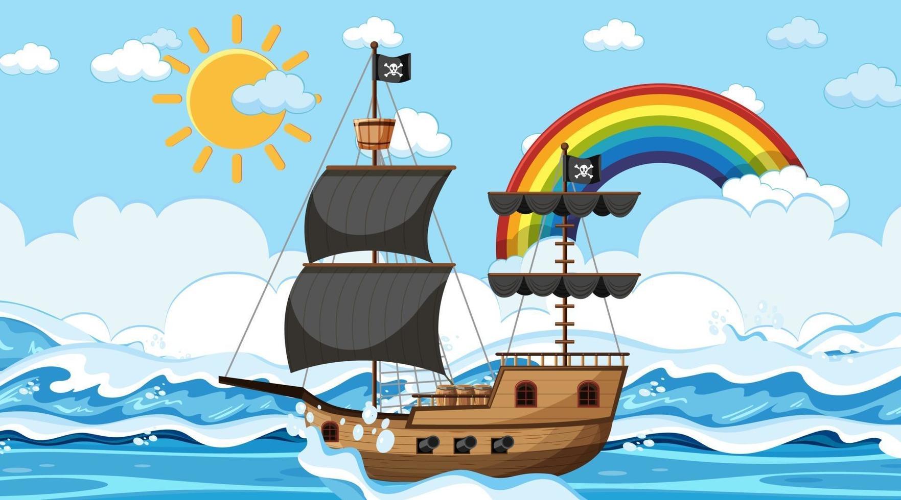 Ocean with Pirate ship at day time scene in cartoon style vector