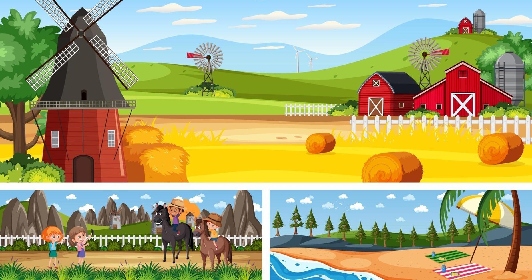 Outdoor panoramic landscape scenes set with cartoon character vector