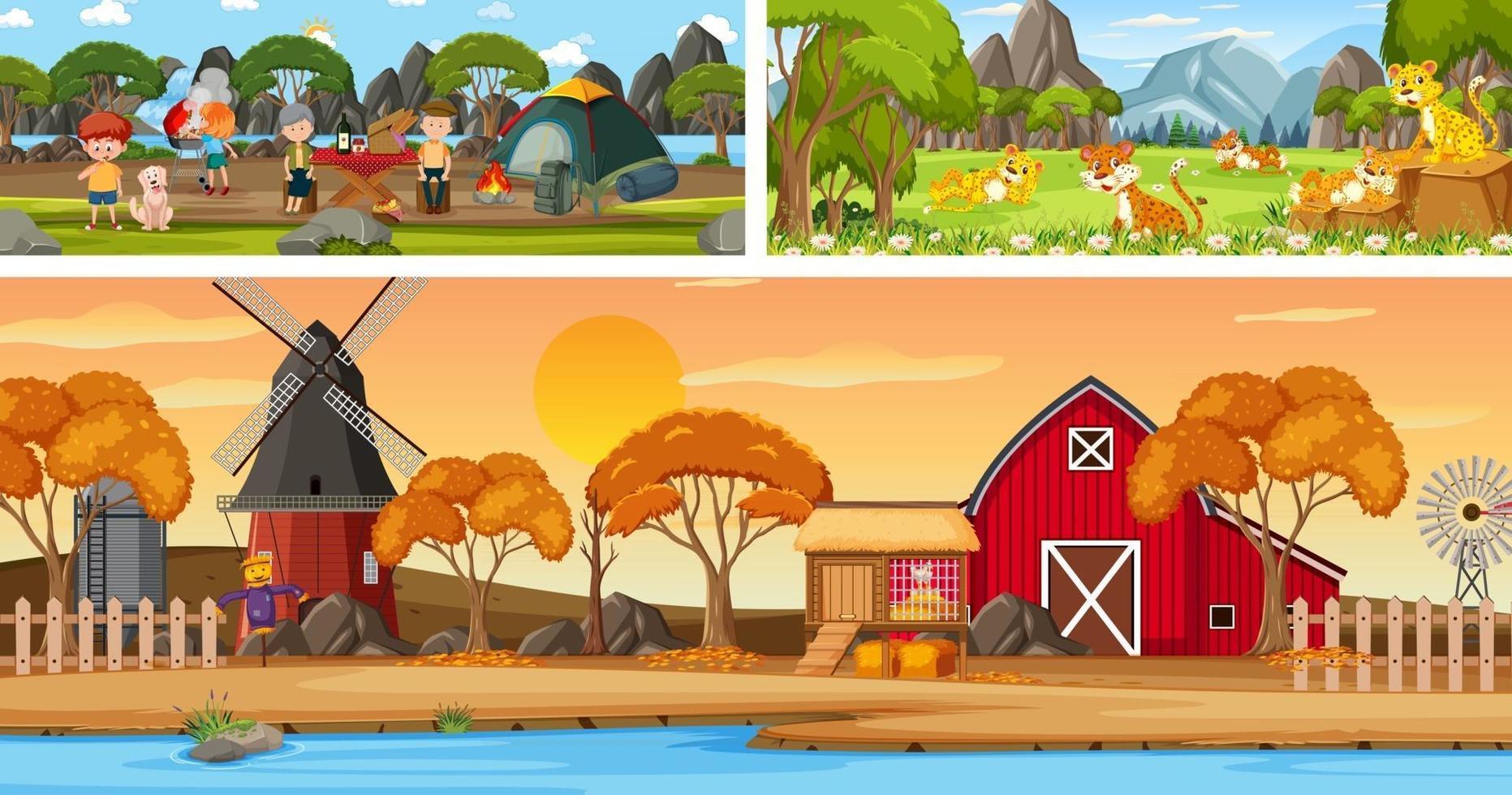 Outdoor panoramic landscape scenes set with cartoon character vector