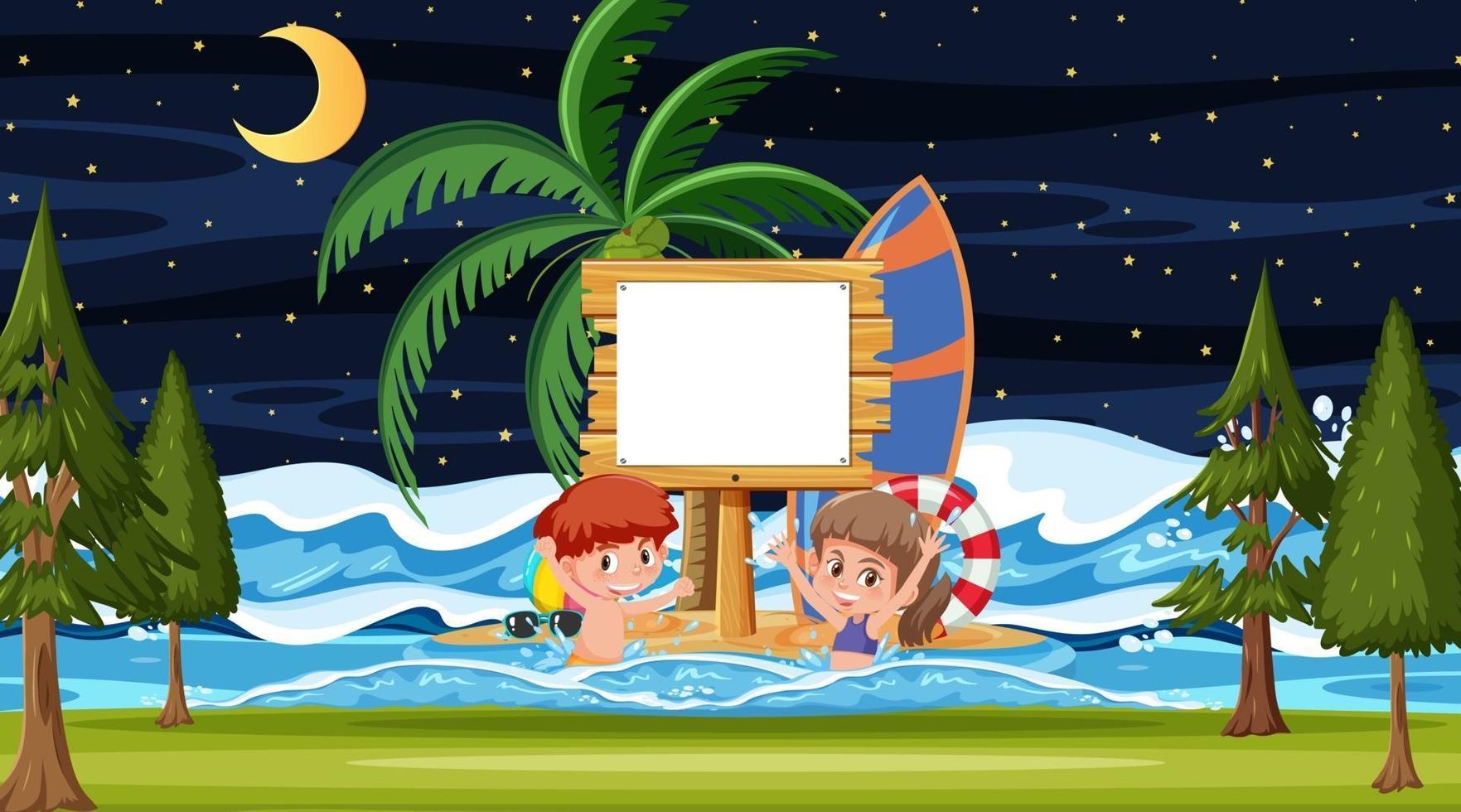 Niños de vacaciones en la escena nocturna de la playa con una plantilla de banner vacía vector