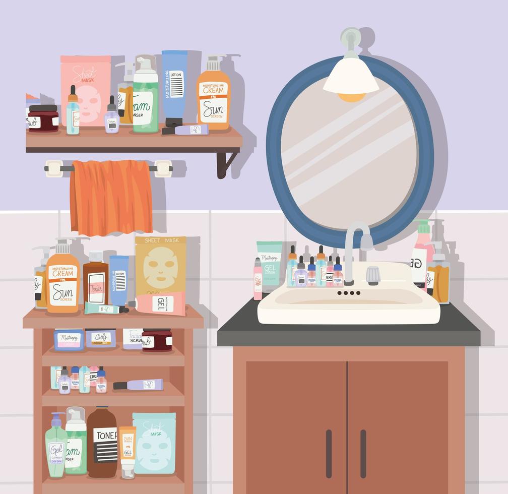 bathroom with bundle of skincare products vector