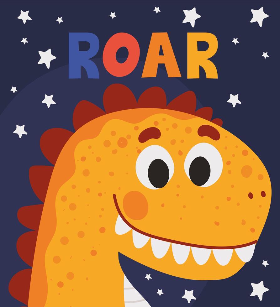 roar lettering and one kids illustration of a orange dinosaur vector