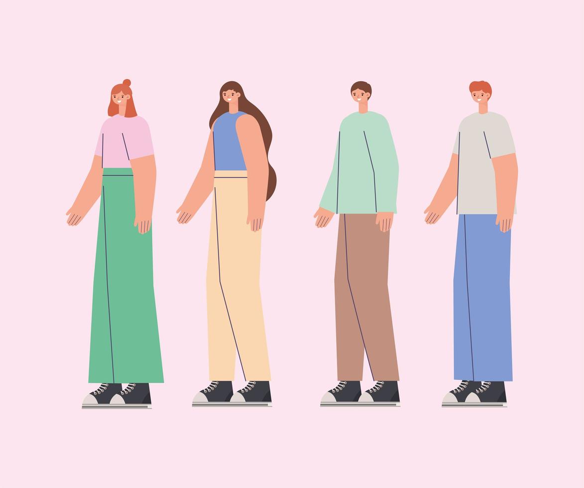 group of people over a pink background vector