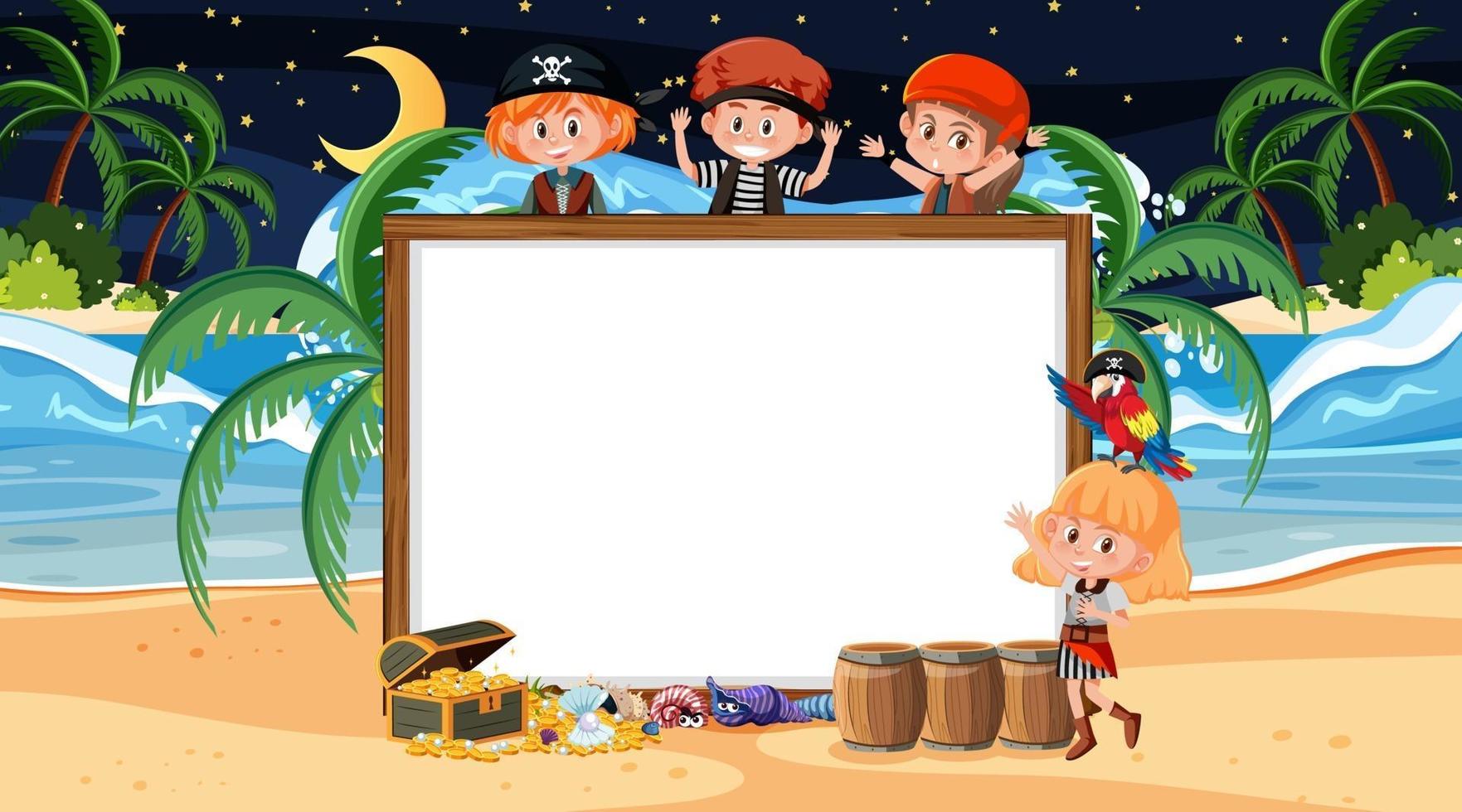 Pirate kids at the beach night scene with an empty banner template vector