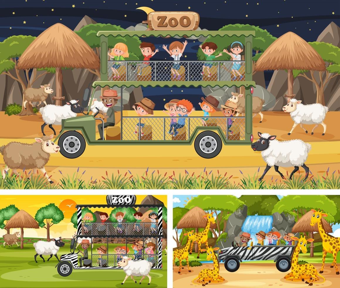 Diferentes escenas de safari con animales y personajes de dibujos animados para niños. vector