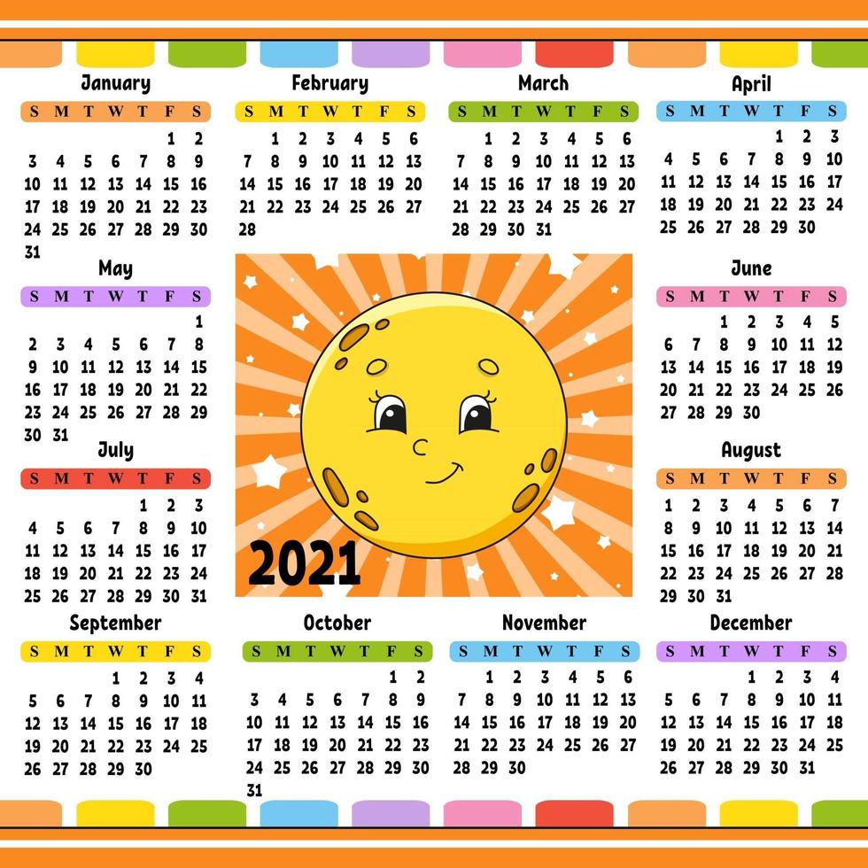 calendario para 2021 con un lindo personaje. linda luna. diseño divertido y brillante. Ilustración de vector de color aislado. estilo de dibujos animados.