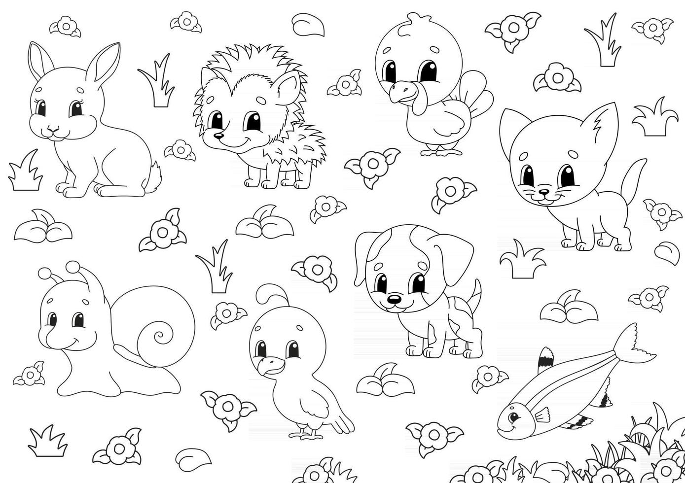 Coloring book for kids. Animal clipart. Cheerful characters. Vector illustration. Cute cartoon style. Black contour silhouette. Isolated on white background.