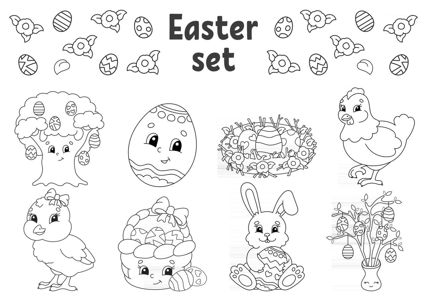 Coloring book for kids. Easter clipart. Cheerful characters. Vector illustration. Cute cartoon style. Black contour silhouette. Isolated on white background.