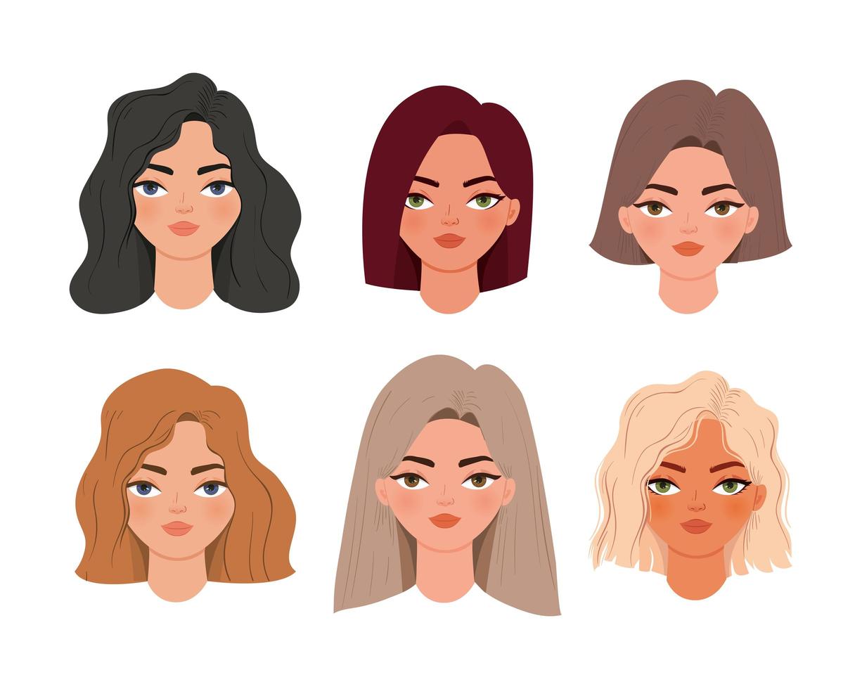 set of cute womens heads icons vector