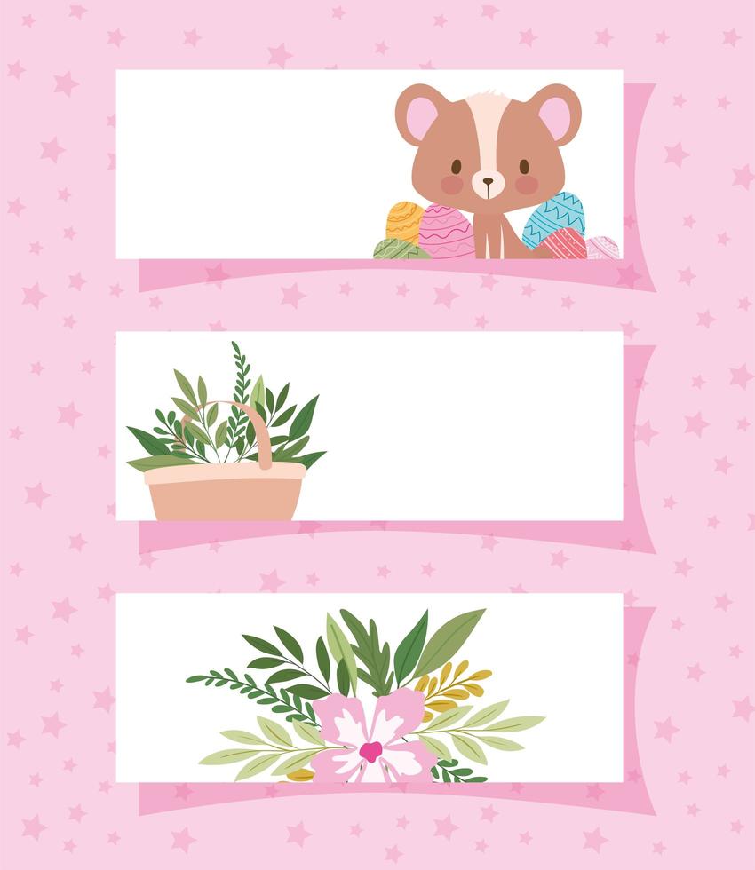 frames with one cute bear and one basket full of plants vector