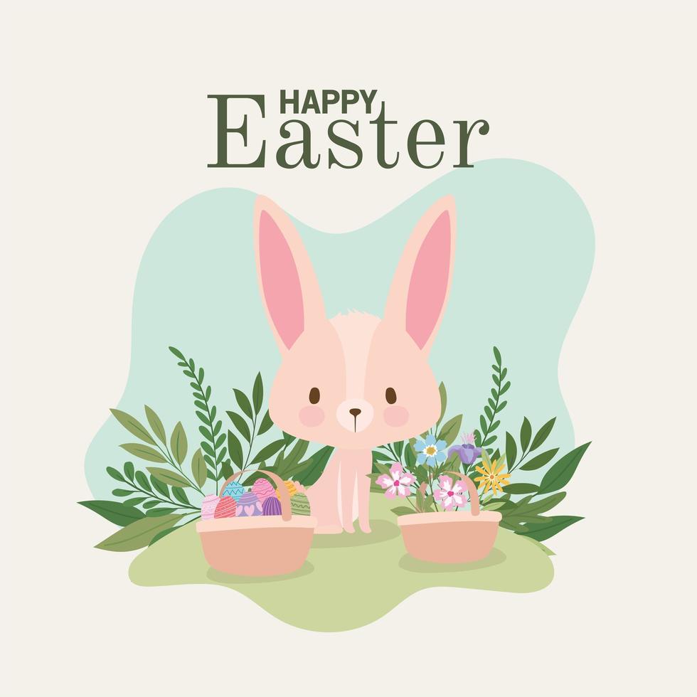 happy easter lettering with one cute pink bunny and one basket full of easter eggs vector