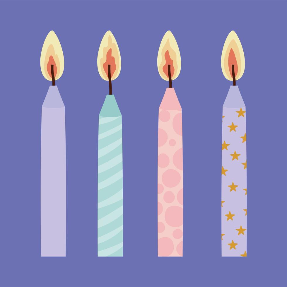 conjunto de velas de cumpleaños sobre un fondo púrpura vector