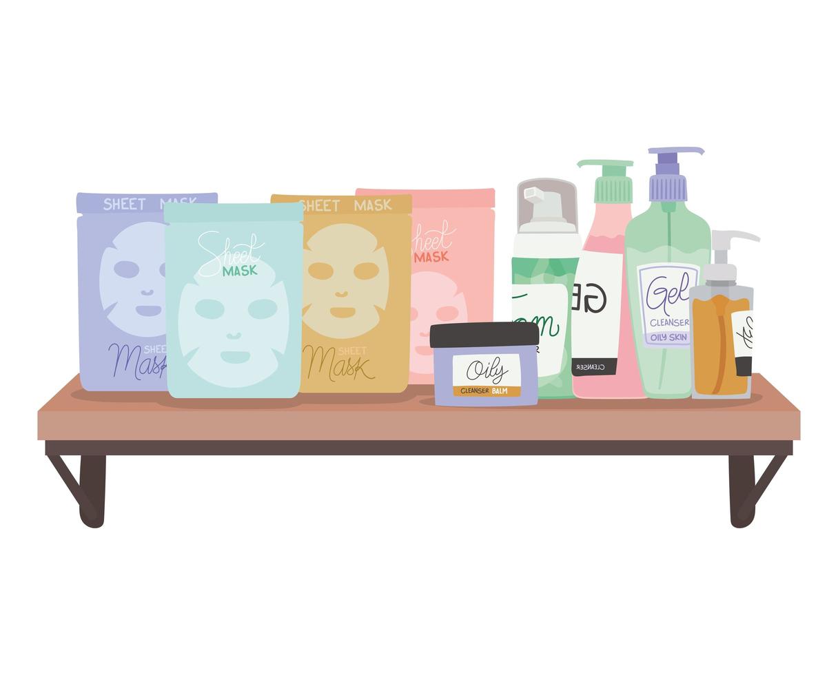 bundle of skincare icons on a shelf on a white background vector