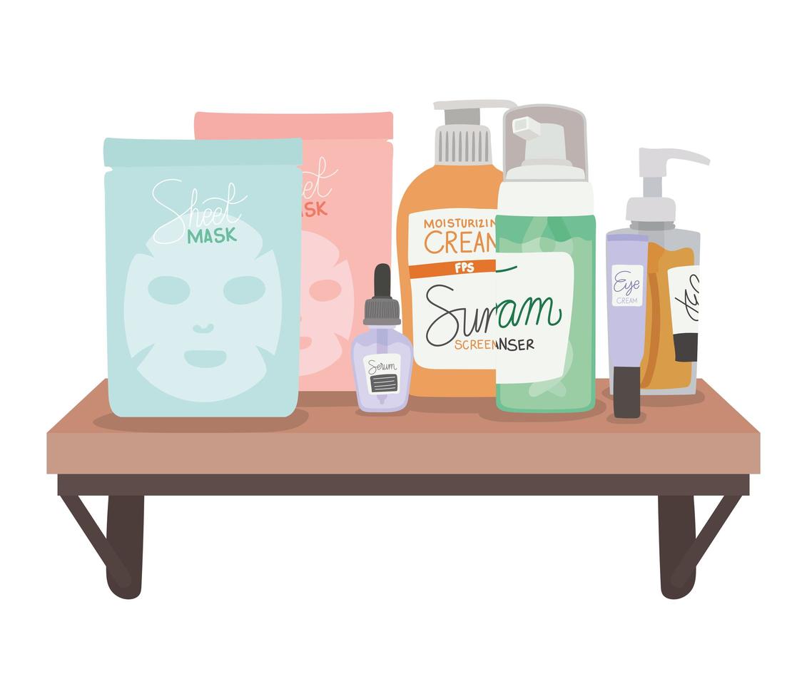 set of skincare icons on a shelf on a white background vector