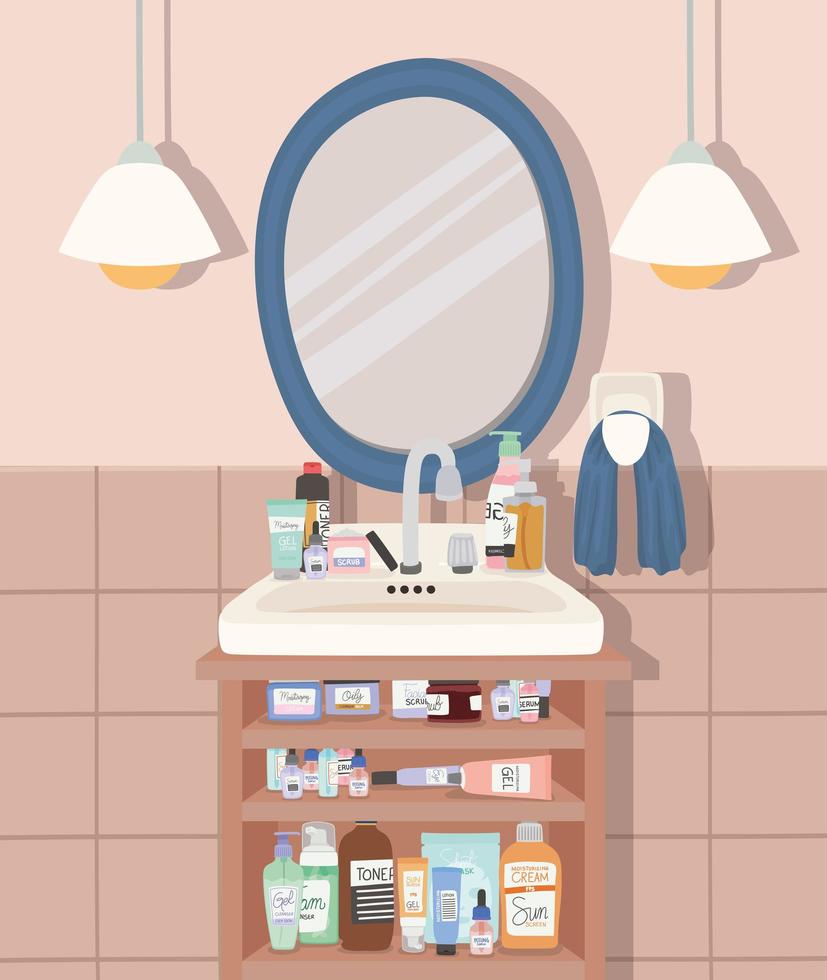 bathroom with a group of skincare products vector