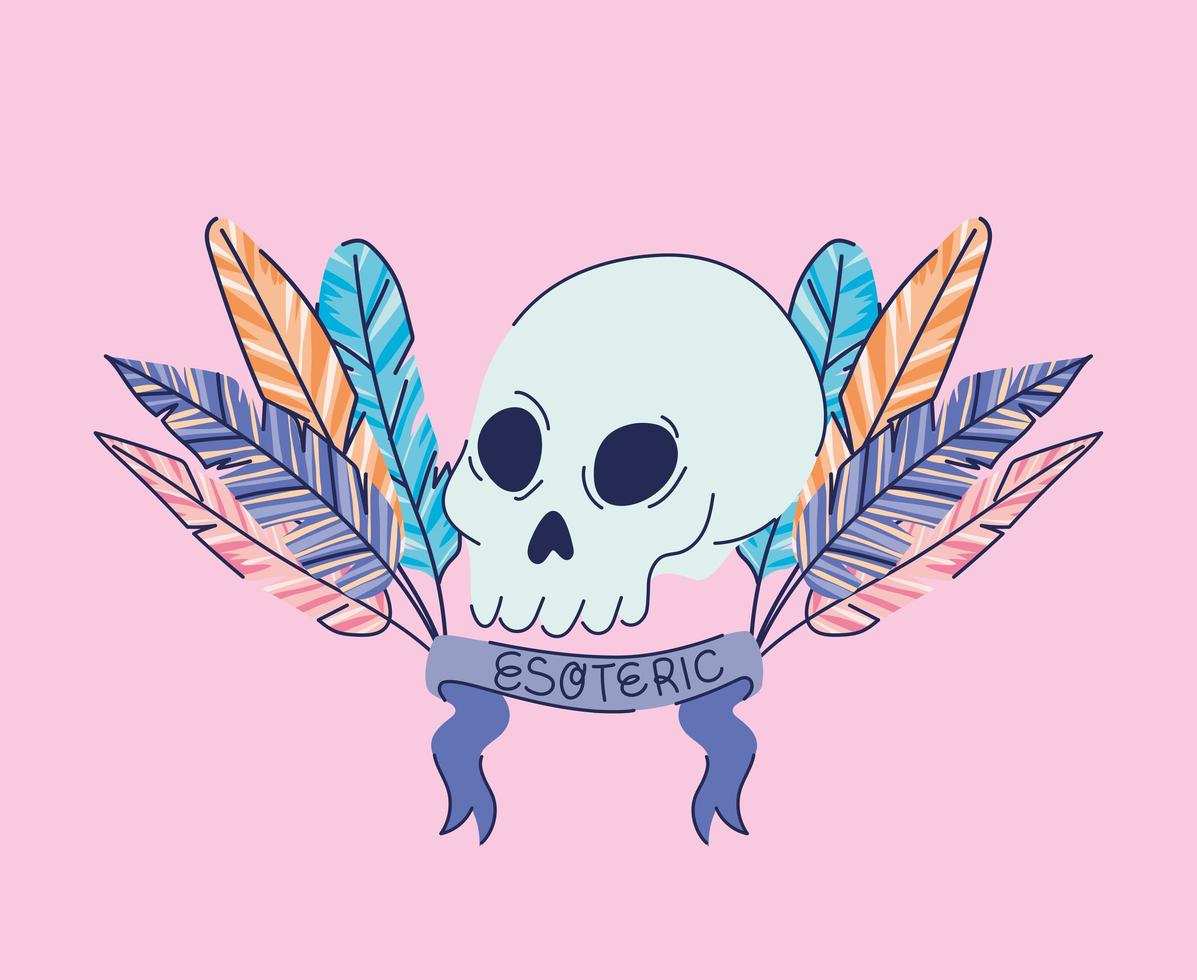 skull with feathers and esoteric lettering on a ribbon vector