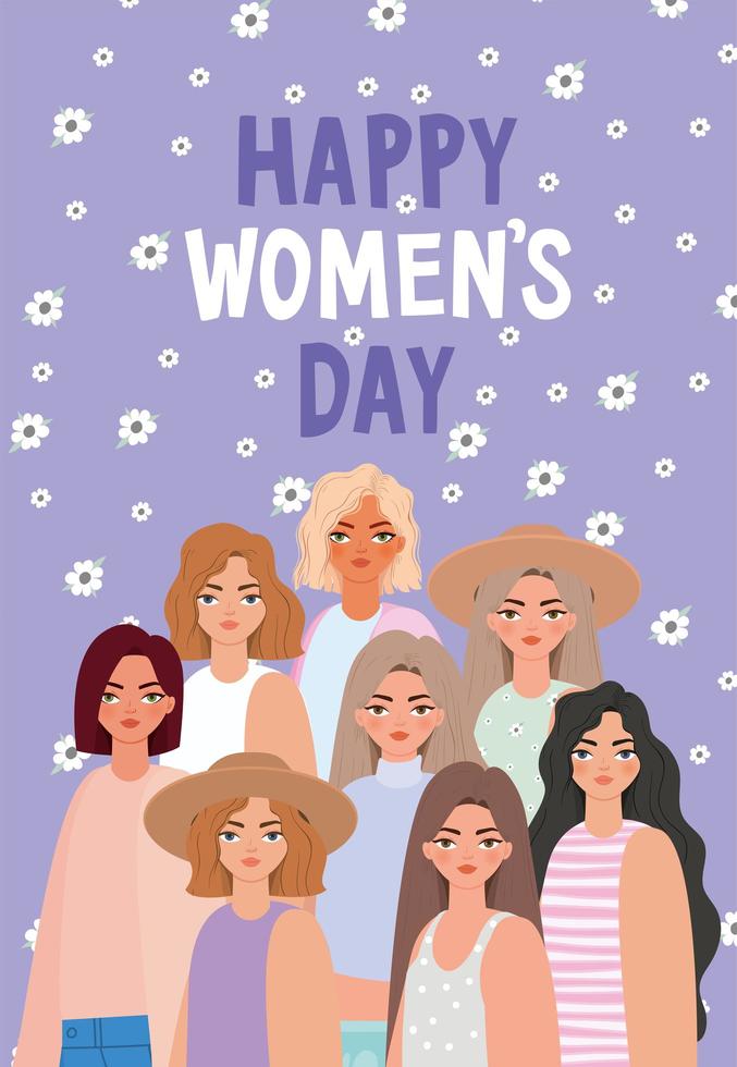 happy womens day lettering and set of beautiful womens vector