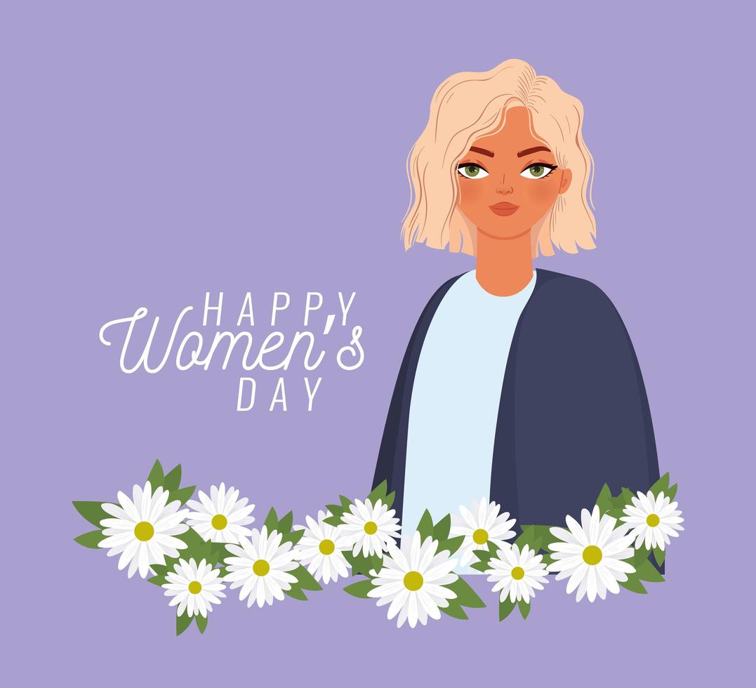 feliz día de la mujer letras, mujer con cabello rubio y flores blancas vector