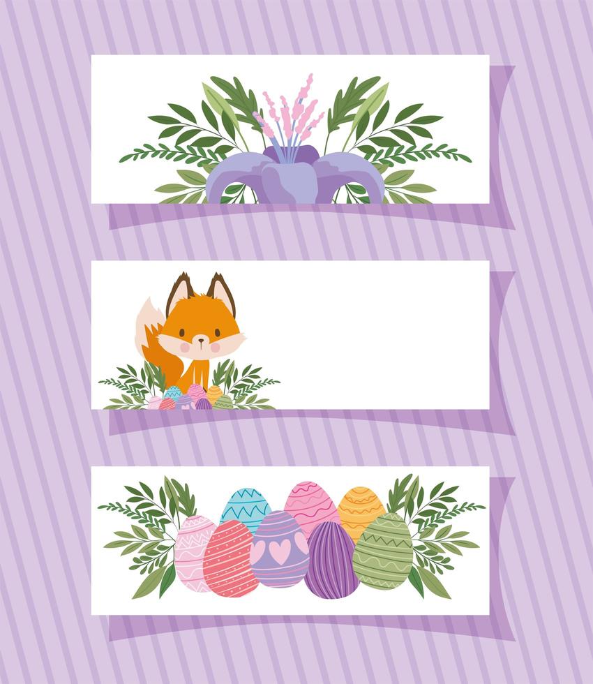 frames with one cute fox, purple flower and easter eggs vector