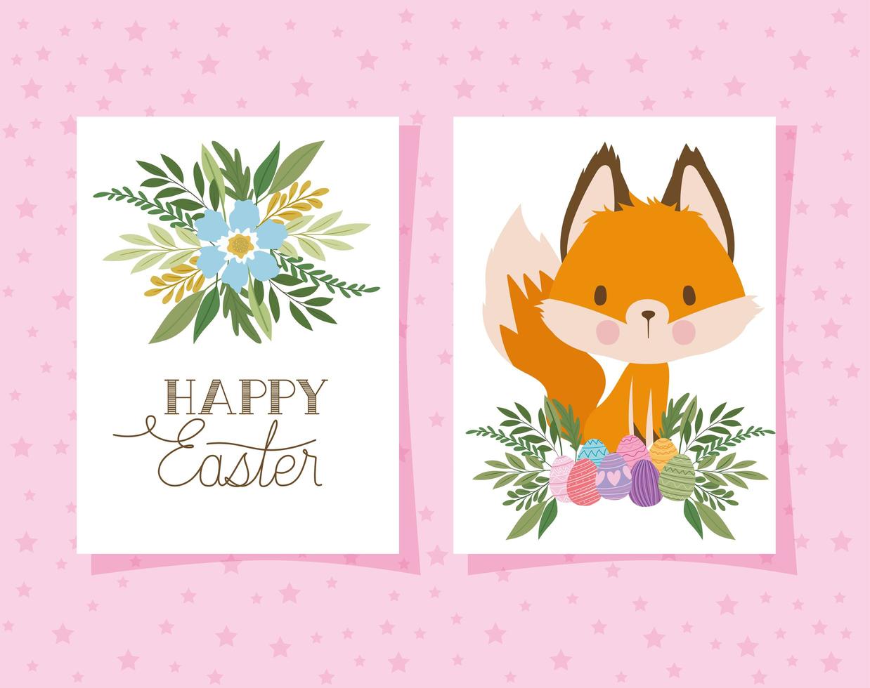 invitation with happy easter lettering with one cute fox and one basket full of easter eggs on a pink background vector
