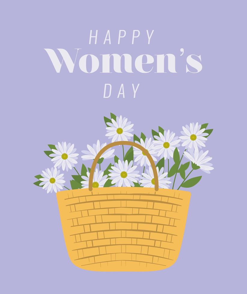 happy womens day lettering and picnic basket with a bundle of a white flowers vector