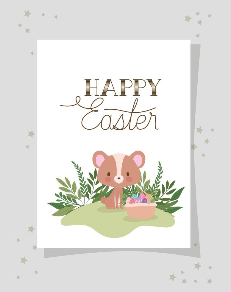 invitation with happy easter lettering,one cute bear and one basket full of easter eggs on a gray background vector