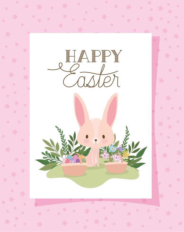 invitation with happy easter lettering,one cute pink bunny and one basket full of easter eggs on a pink background vector