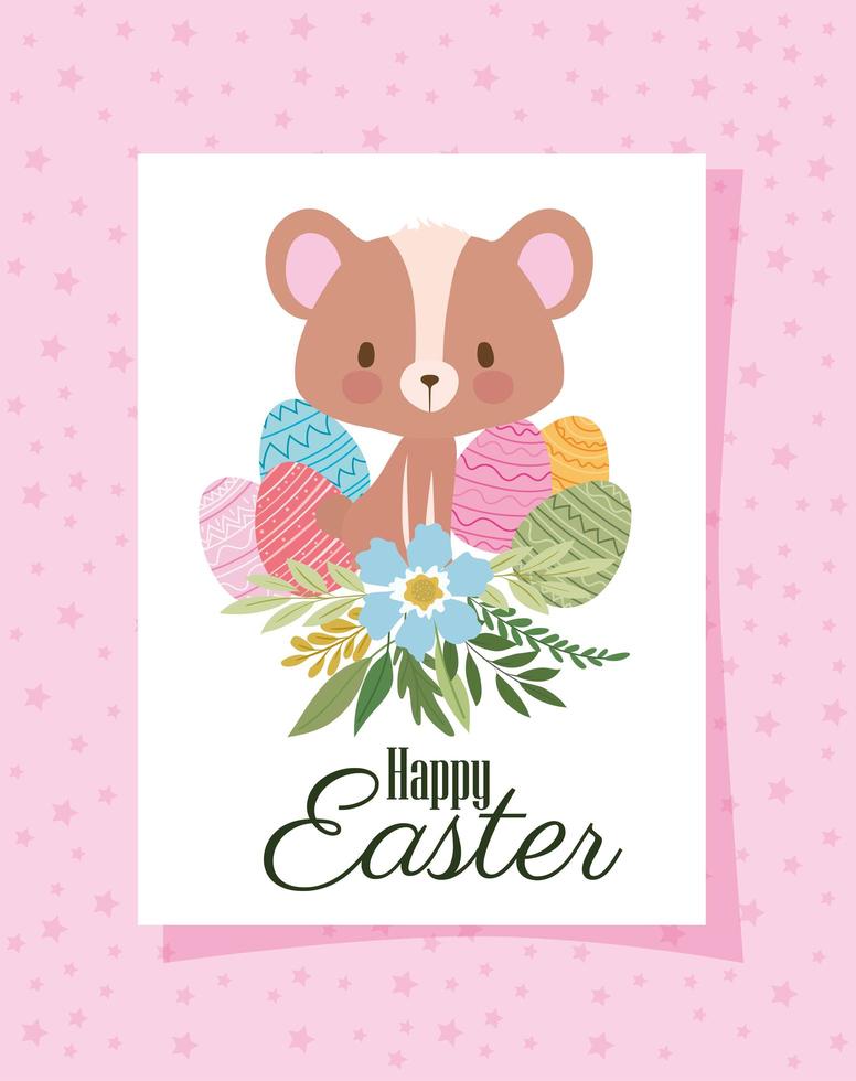 invitation with happy easter lettering,one cute bear and one basket full of easter eggs on a pink background vector