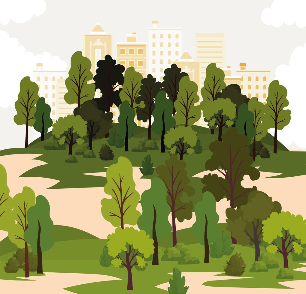 park with a lot trees and yellow buldings vector