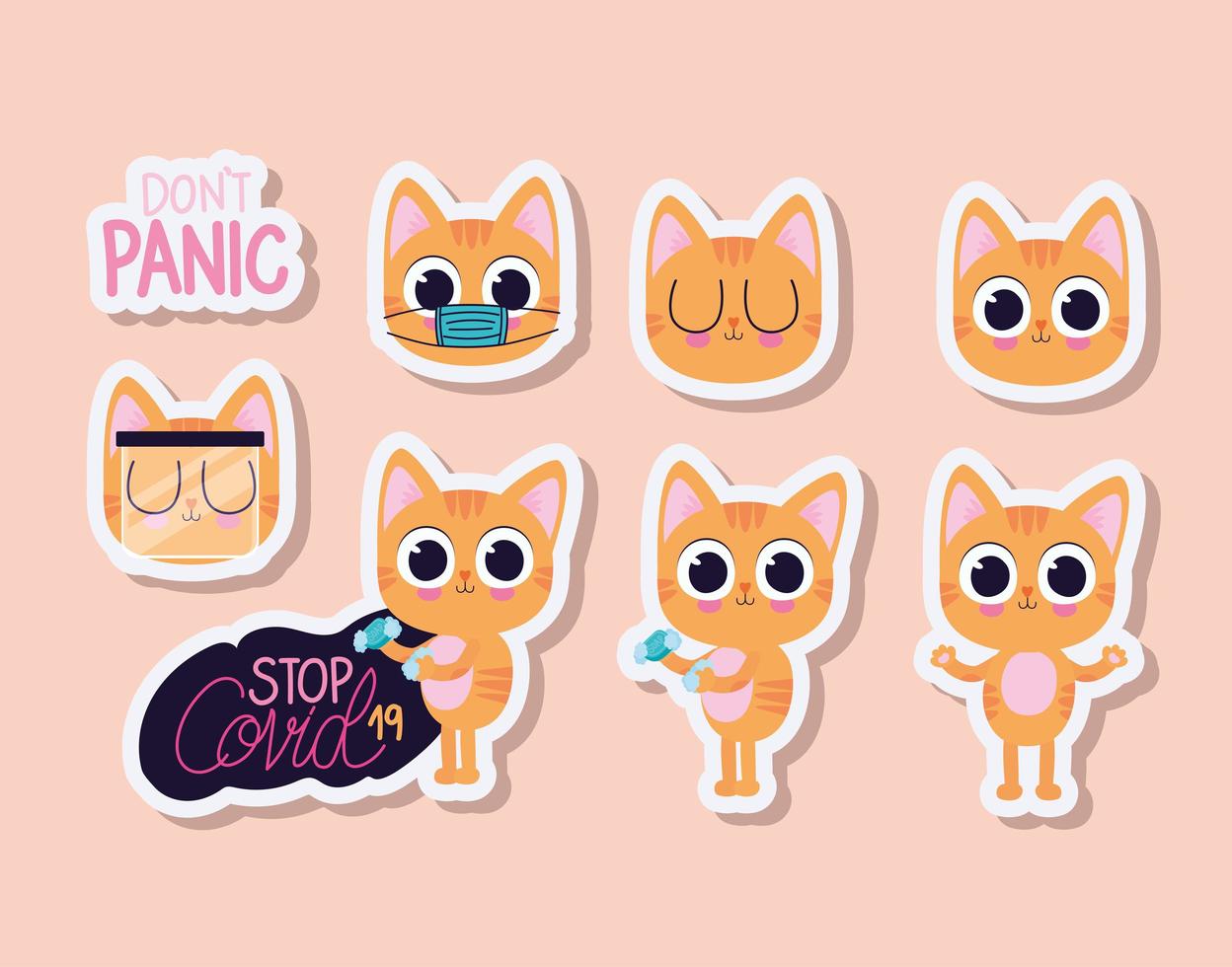 bundle of cute kittys stickers on a light orange background vector