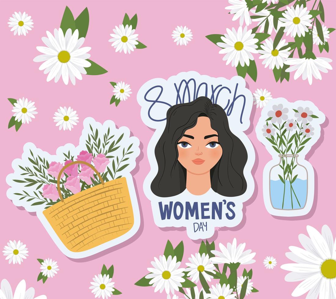 8 march womens day lettering, cute woman with black hair and basket full with roses vector