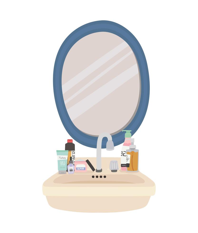 espejo y conjunto de iconos de cuidado de la piel en un fregadero vector