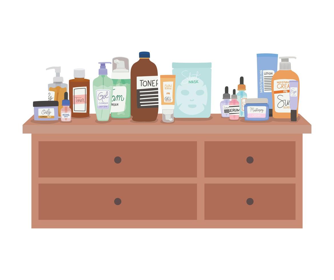 set of skincare icons on furniture with four drawers vector