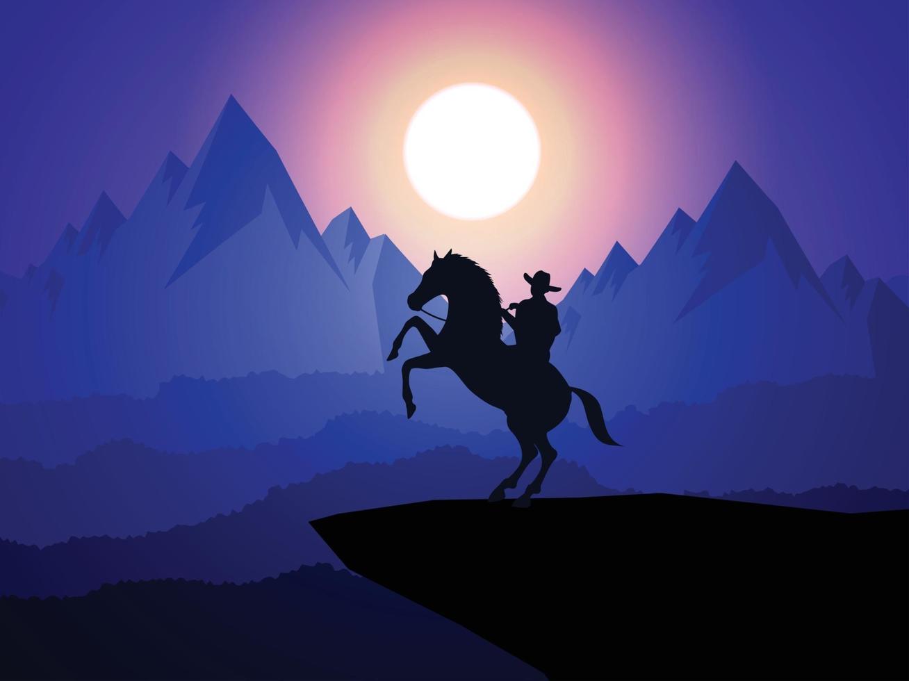American Cowboy with horse Wild West Moon night landscape background vector