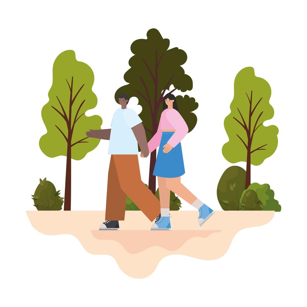 man and woman walking in the park vector