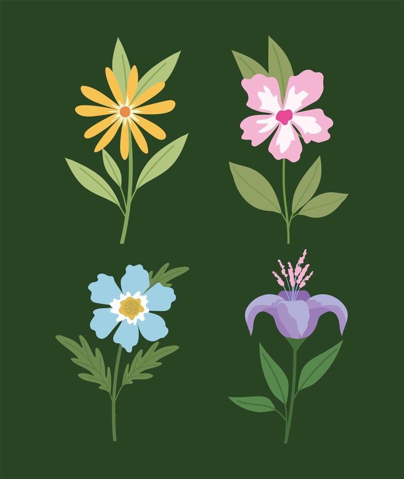 conjunto de flores sobre un fondo verde vector