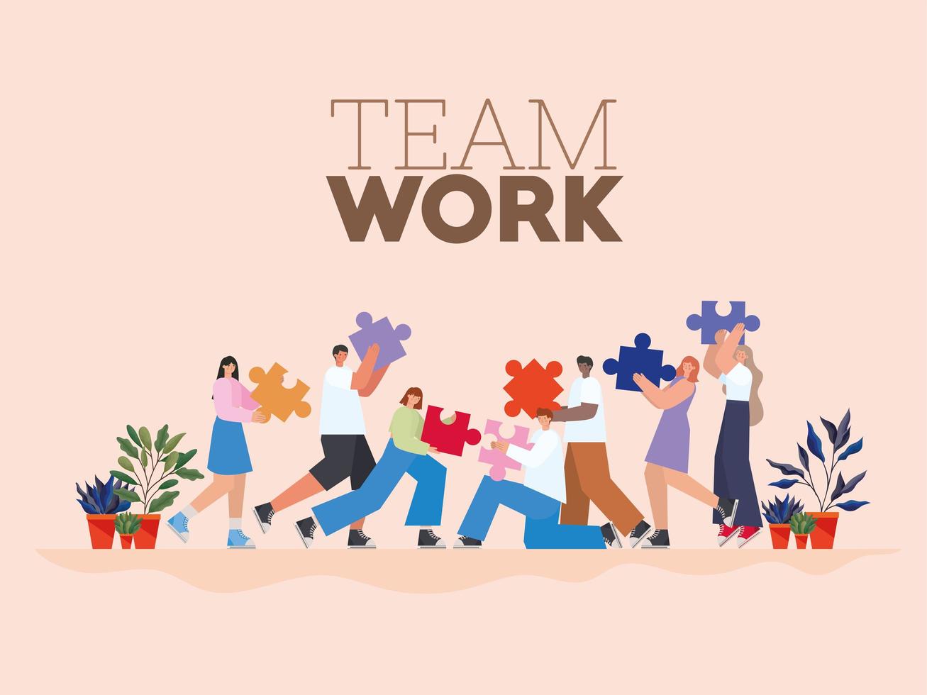 team work lettering and group of people with puzzle pieces vector