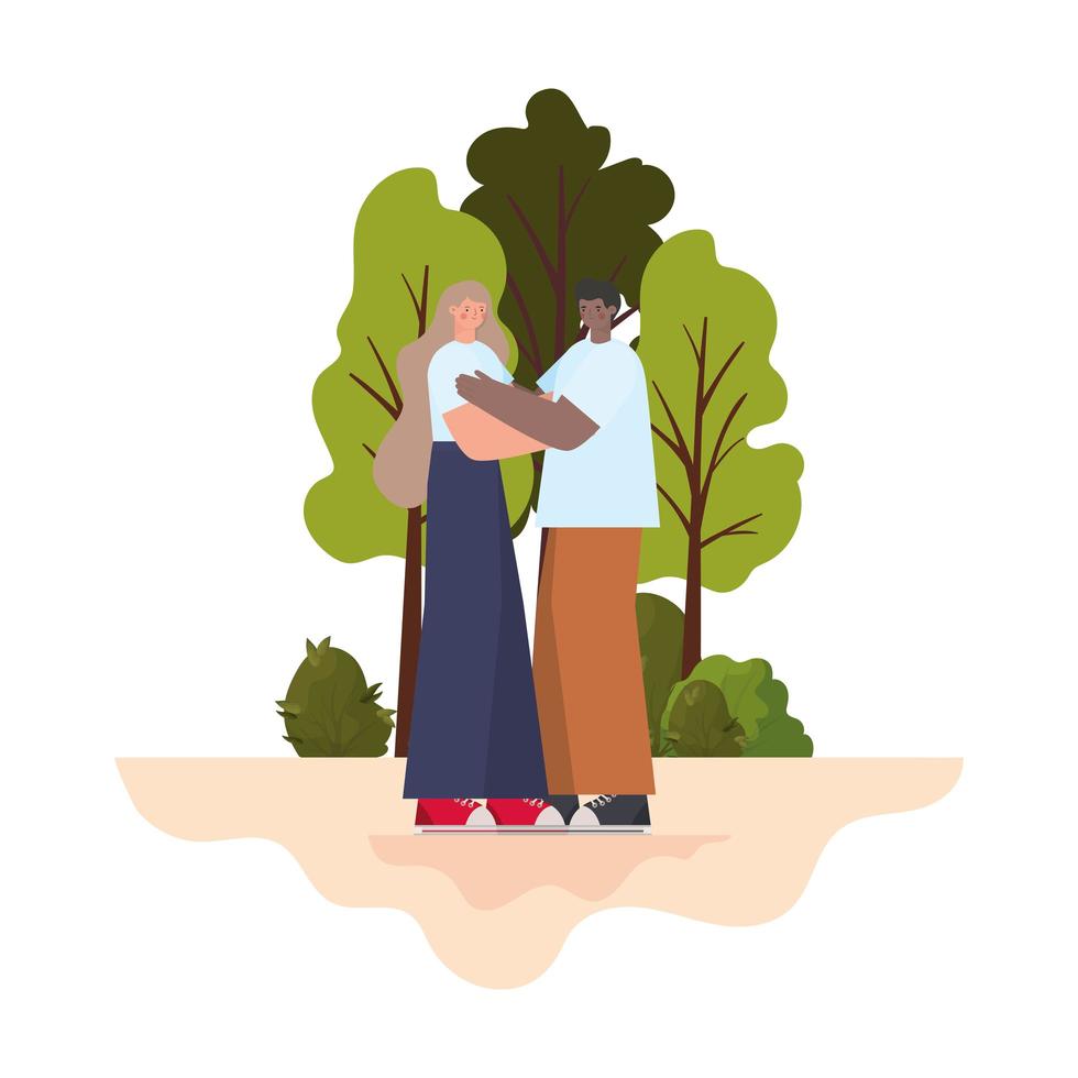 hombre y mujer, abrazar, en, un, parque vector