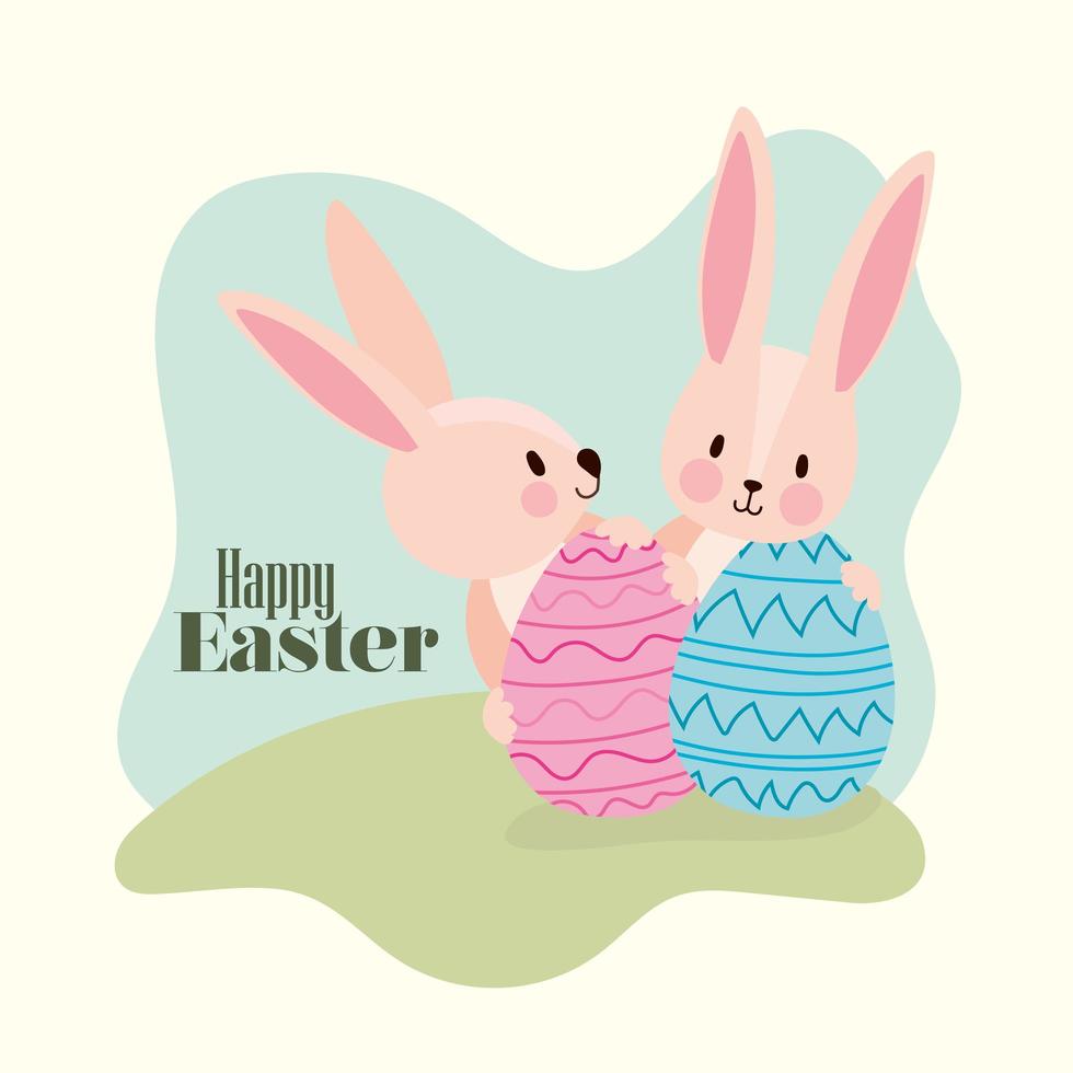 happy easter lettering and two pink rabbits with easter eggs vector