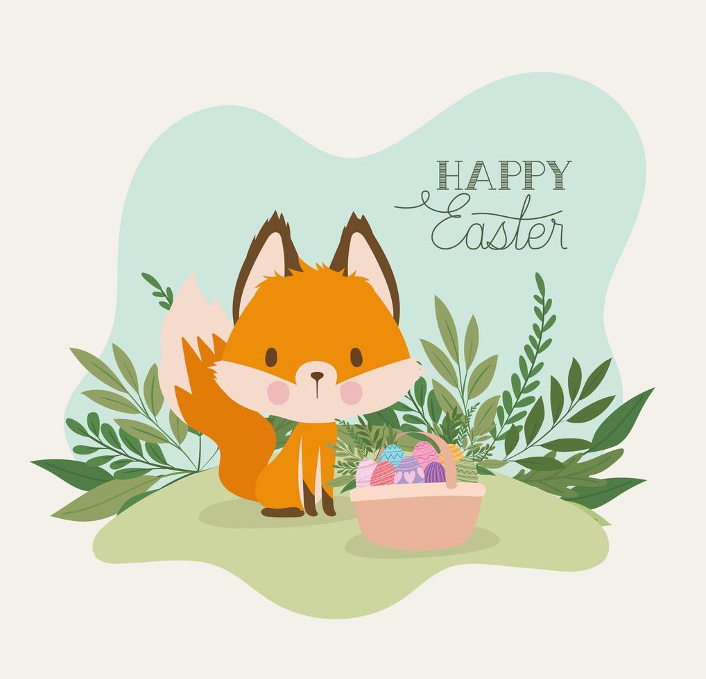 letras de feliz pascua con un lindo zorro y una canasta llena de huevos de pascua vector