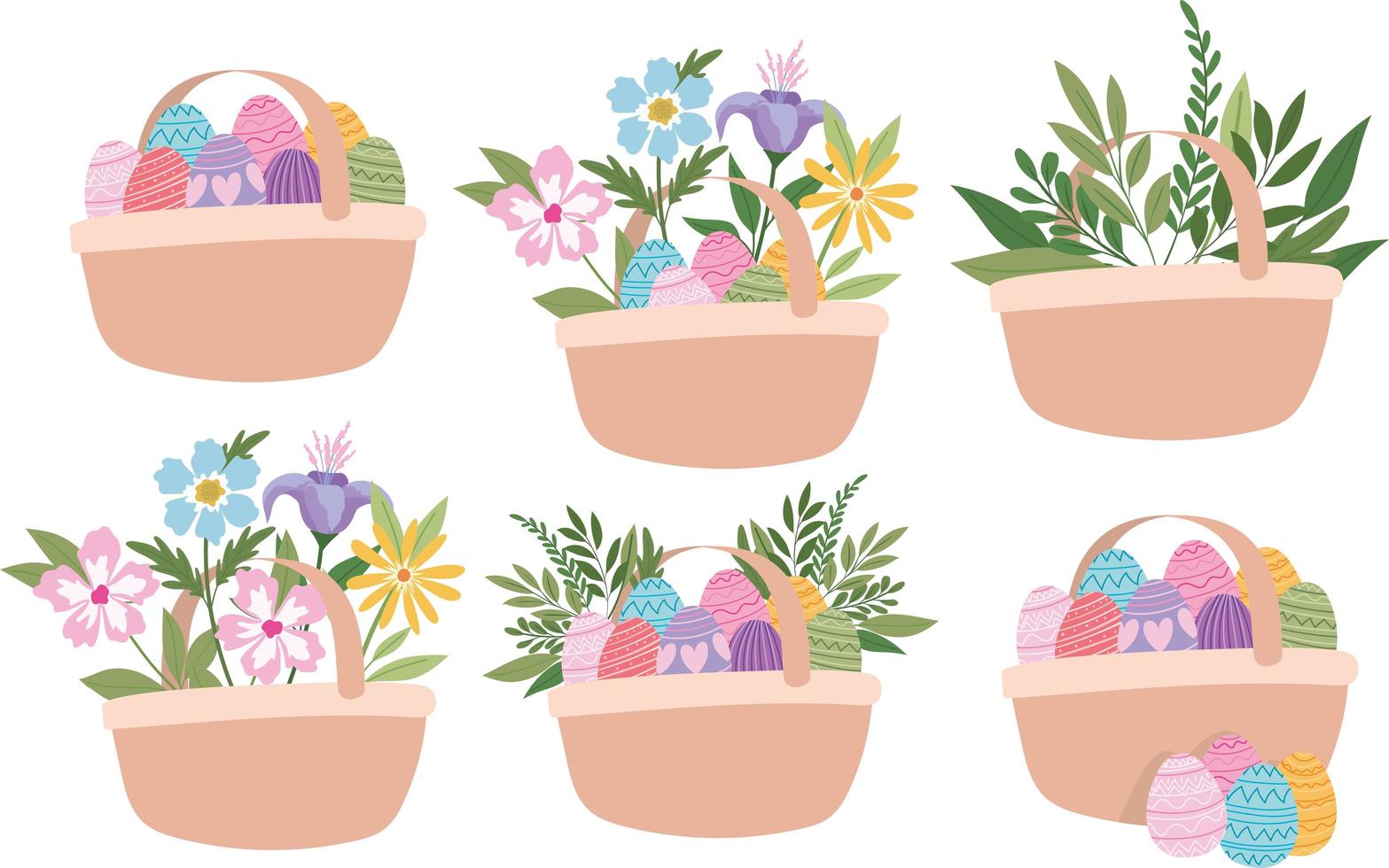baskets full of easter eggs, flowers and green plants vector
