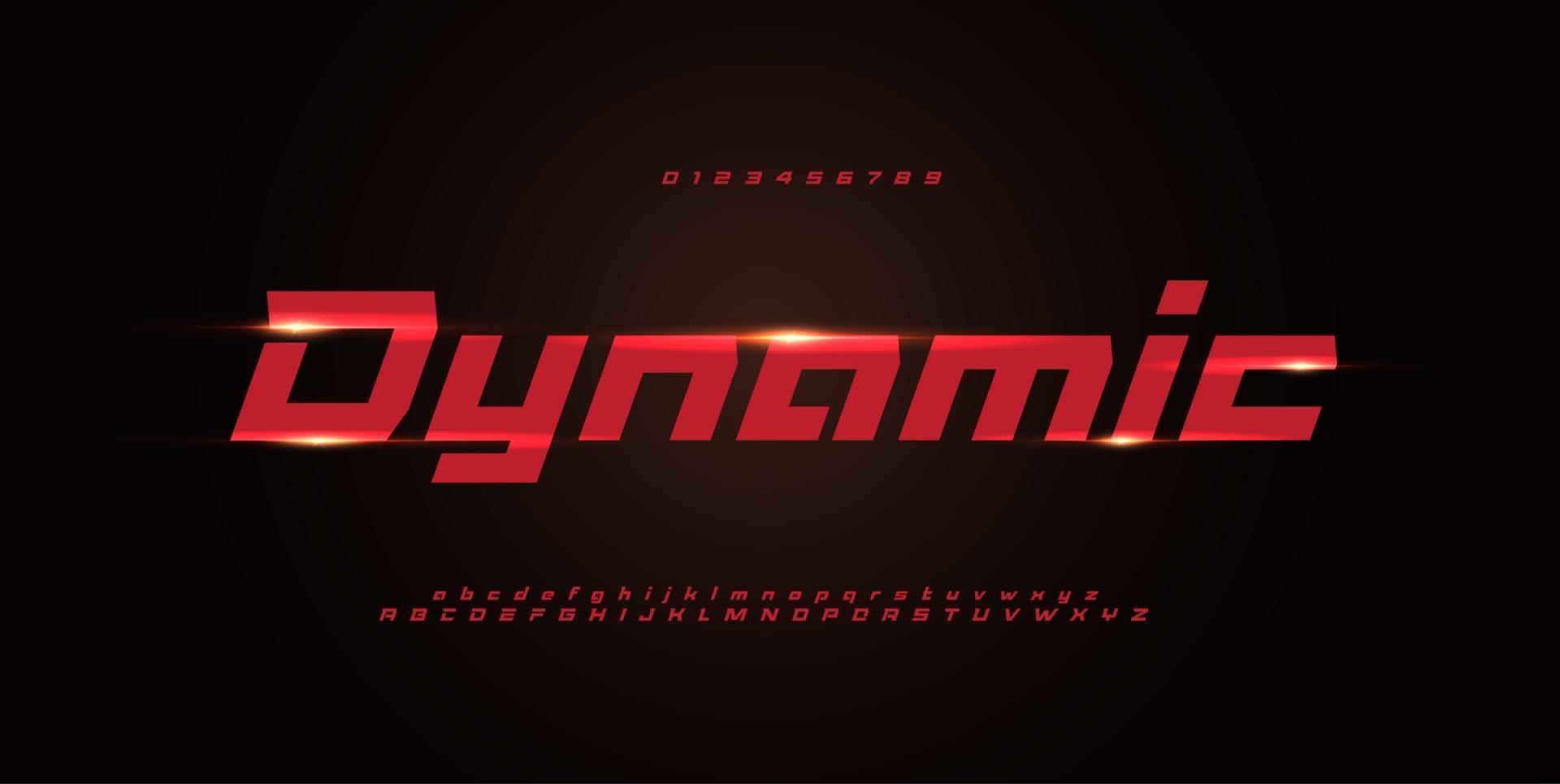Sport dynamic alphabet. Red italic geometric font, minimalist techno style letters and numbers for modern futuristic logo, headline, monogram, lettering and typography. Vector typographic design